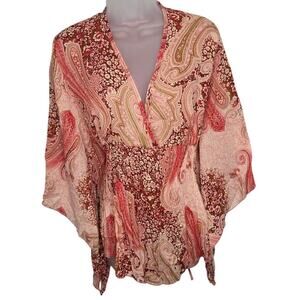 Vintage Boho Paisley Print Kimono Style Pink Asymmetrical Hem V Neck 90's Blouse